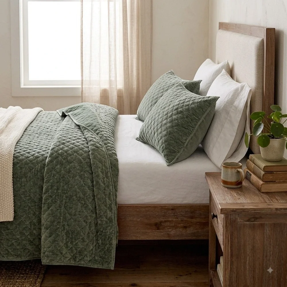 Zera Green 100% Velvet 5 piece Comforter Set Queen